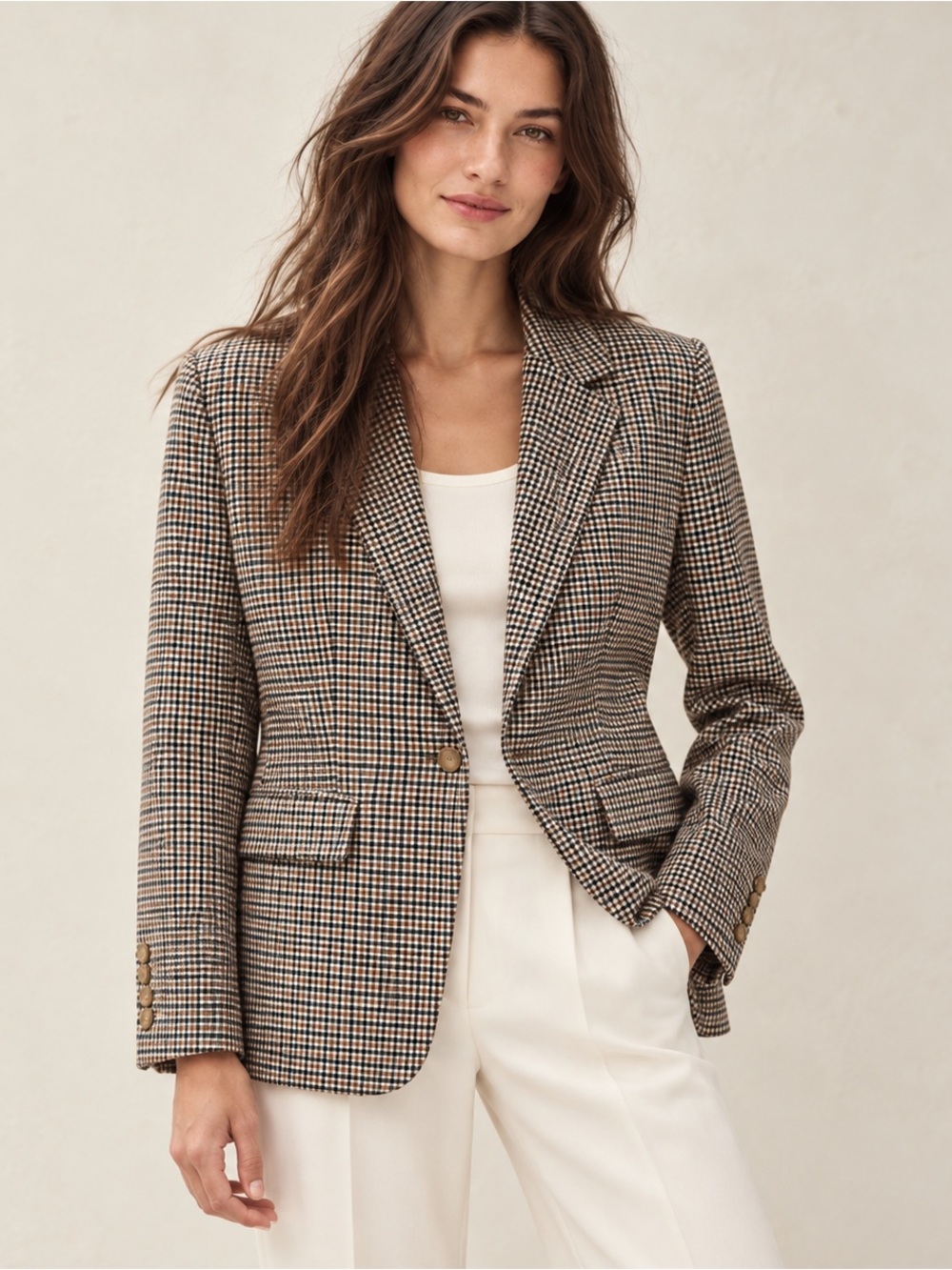 LOFT Checked Blazer in Black, Brown and Cream